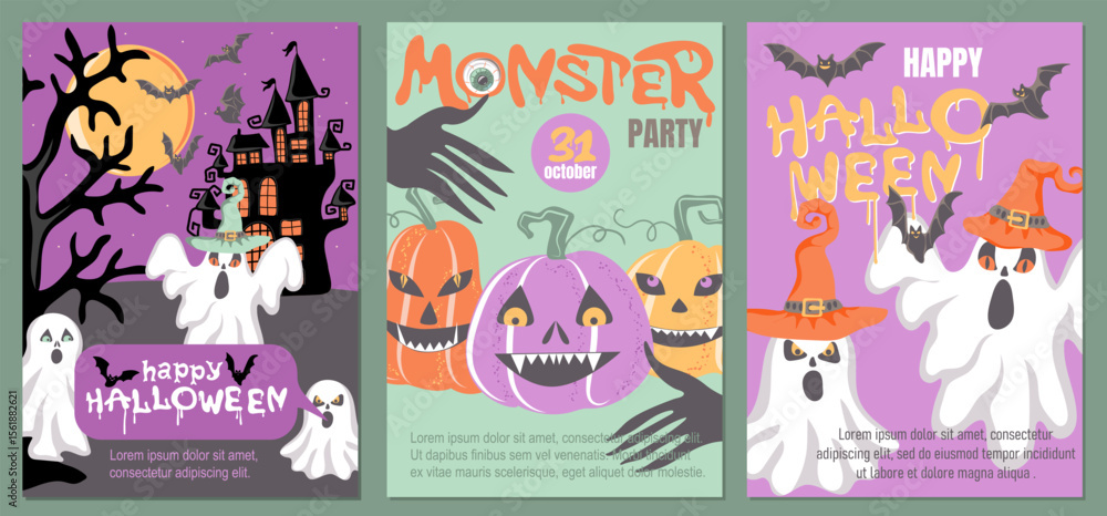 Fototapeta premium Set of trendy vertical templates for Happy Halloween with ghosts, bats and scary pumpkin. Great for invitation, greeting cards, flyers, banners and posters. Vector illustration