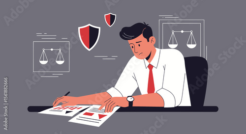 Worried Lawyer Scrutinizing Legal Documents For A Tough Case Representing Justice And Protection