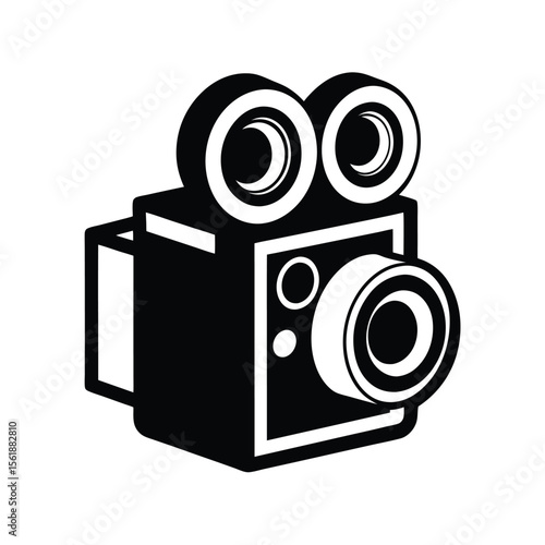 Vintage Film Camera Icon, Bold Black and White Graphic, Retro Style, Nostalgic Mood, Ideal for Film Industry, Movie Production, Cinema, Video, Photography, and Retro Design Projects.