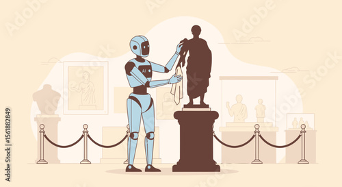 Futuristic Museum Robot Gently Dusting A Classical Sculpture Artifacts Exhibition