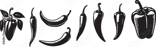 Set of hot chili silhouette peppers, isolated