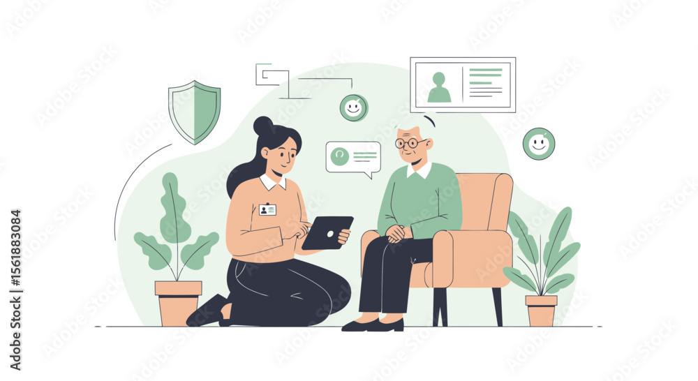 Illustrative Consultation Between Caregiver and Senior Citizen Using Digital Tablet Illustrative Consultation Between Caregiver and Senior Citizen Using Digital Tablet