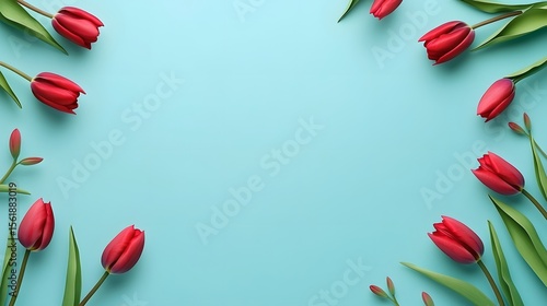 Red Tulips Frame on Light Blue Background Elegant Floral Border Spring Flowers