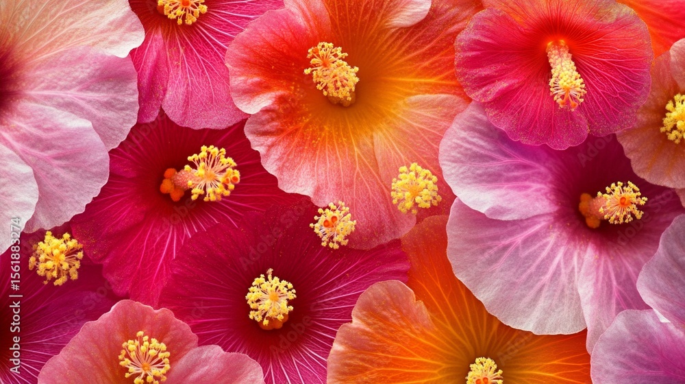 Fototapeta premium Vibrant hibiscus flowers bloom in a stunning array of pink, red, and orange hues, showcasing delicate petals and golden yellow stamens in a mesmerizing floral composition.