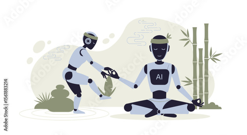 Zenith Artificial Intelligence: Robots Meditating And Practicing Mindfulness Concept