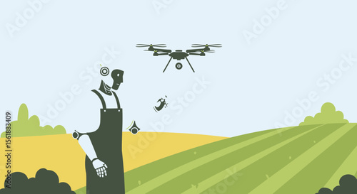 Agricultural Innovation Robot Farmer And Drone Monitoring Crop Yield In Field