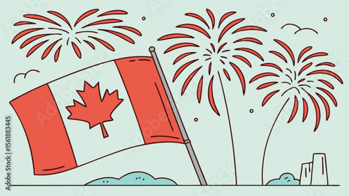 canada day celebration with canadian flag and fireworks in the sky above it