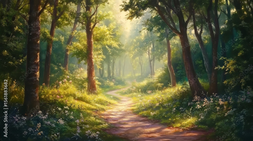 Obraz premium View of a forest path in a peaceful woodland