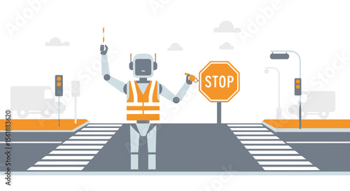 Futuristic Traffic Management Robot Directing Traffic At A Pedestrian Crossing