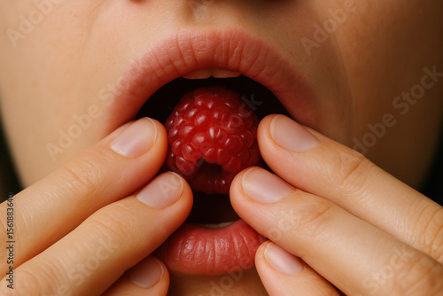 The Taste of Sweetness: A close-up shot focuses on a mouth about to indulge in a juicy raspberry. The image is a sensory feast, showcasing the raw pleasure of enjoying fresh, ripe produce.