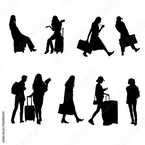 Silhouettes of travelers and pedestrians with luggage in various walking and waiting poses, ideal for travel infographics, airport wayfinding designs, and urban planning visualizations.