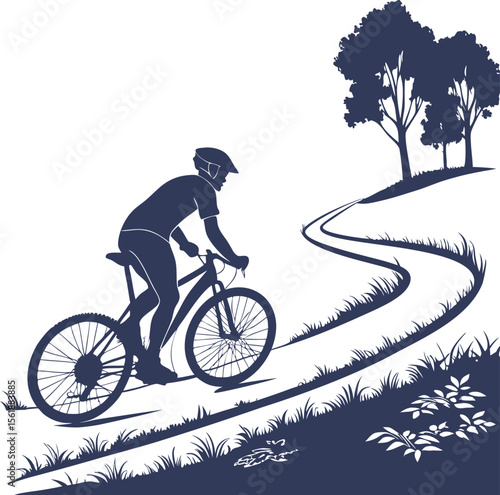 Silhouette of man riding bicycle on countryside trail – outdoor cycling and nature adventure vector illustration