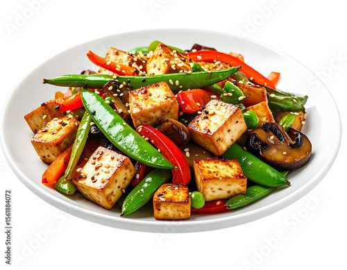 Vegetable Stir Fry with Grilled Tofu on White Plate, Side Angle, isolated on transparent background