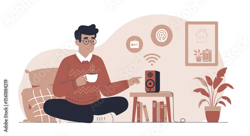 Man Interacting With Smart Speaker At Home Using Voice Assistant Technology
