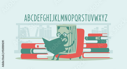Knowledge Is Power: Money Character Reads Book Among Stacks Of Education