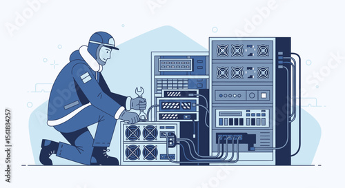 It Support Technician Repairing Server Hardware In Datacenter Environment