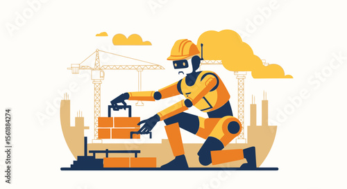 Automated Construction Future Robot Building A Brick Wall At A Construction Site