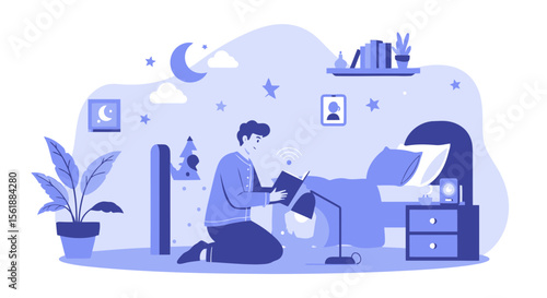 Late Night Learning Young Man Reading a Book in Bed under the Night Sky