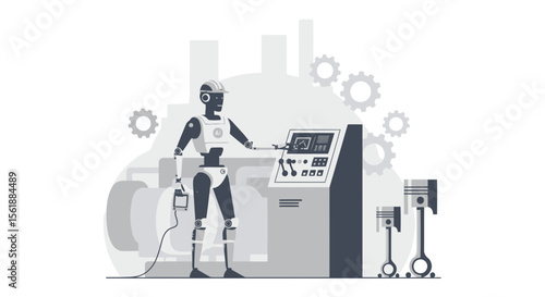 Automation In Automotive Engineering A Robot Operates Industrial Machinery Console