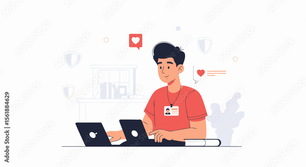Man Working On Laptops Illustration Depicting Online Security And Digital Communication Man Working On Laptops Illustration Depicting Online Security And Digital Communication