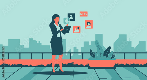 Businesswoman Engaged In Nfts Investment Holding A Laptop With Cityscape Background