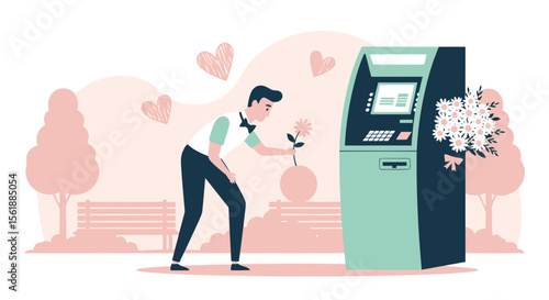 Man Presenting Flower to Atm in a Romantic Scene with Hearts Floating