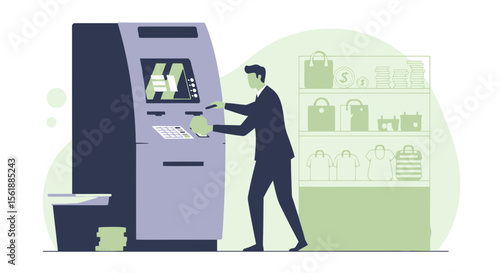 Man Transacting At An Atm While Shopping Illustrative Vector Art