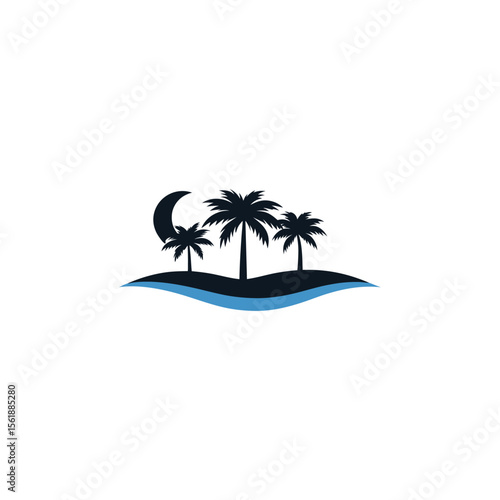 Vector art of palm trees on an island with the moon shining in the night sky
