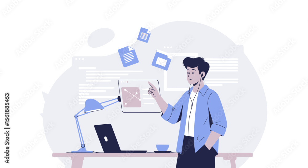 Man Working From Home Using Laptop And Tablet For Business Solution Displayed Man Working From Home Using Laptop And Tablet For Business Solution Displayed