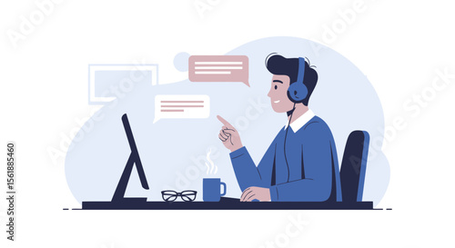 Man Working From Home With Headset And Computer Vector Illustration