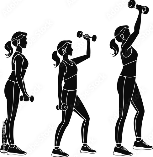 Silhouette of woman performing dumbbell bicep curl to shoulder press – step-by-step fitness workout vector illustration
