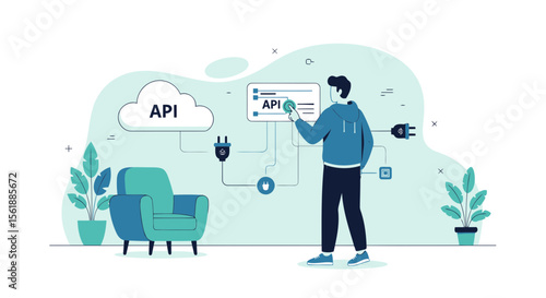Person Connecting Cloud Api Service Interface And Using Touch Screen Interface Panel