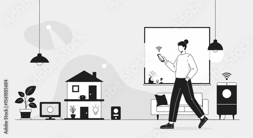Person Controlling Smart Home System With Phone In Modern Flat Design