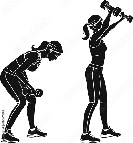Silhouette of woman performing dumbbell bent-over row and shoulder press – strength training workout vector illustration