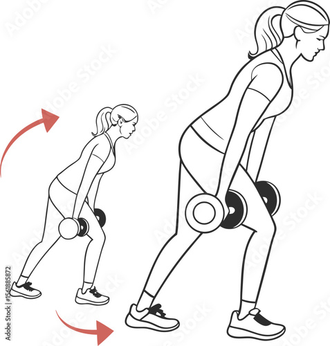 Woman performing dumbbell Romanian deadlift exercise – fitness and strength training vector illustration