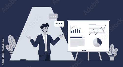 Professional Business Presentation By Executive With Charts And Speech Bubbles