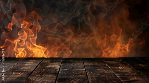Dark wood planks as empty table on fire background, flame and vintage wooden counter. Theme of product, food, kitchen	
