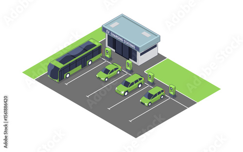 Isometric EV Charging Station with Electric Cars and Bus – Eco-Friendly Urban Transport