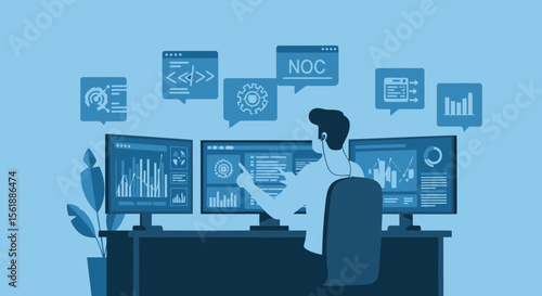 Network Operations Center Engineer Working on Multiple Monitor Computer Screens