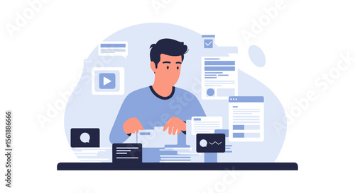 Organized Information Workflow Concept Man Sorting Data At Desk Illustration
