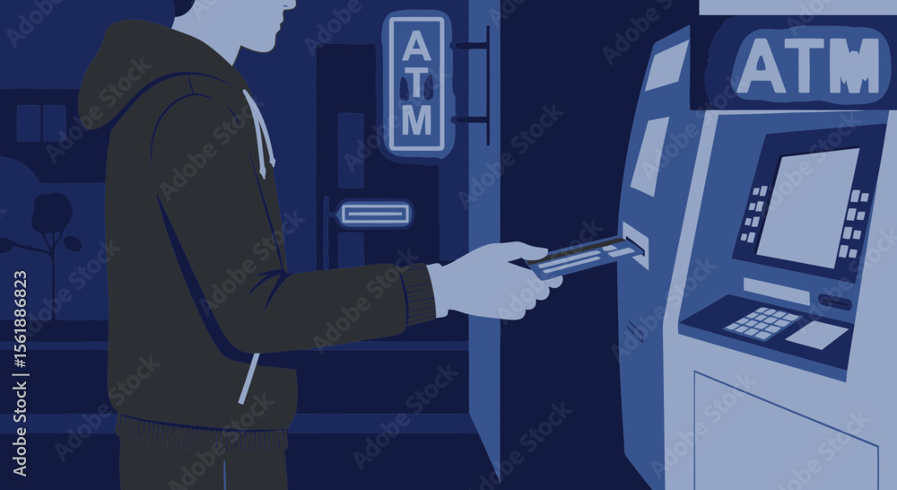Person Using An Atm Machine At Night For Financial Transactions Person Using An Atm Machine At Night For Financial Transactions