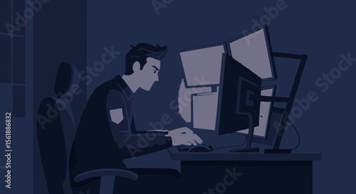 Dedicated Cyber Security Analyst Working Tirelessly On Multiple Displays At Night