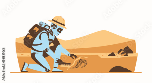Robotic Paleontologist Unearthing Fossils In Desert Expedition Scene