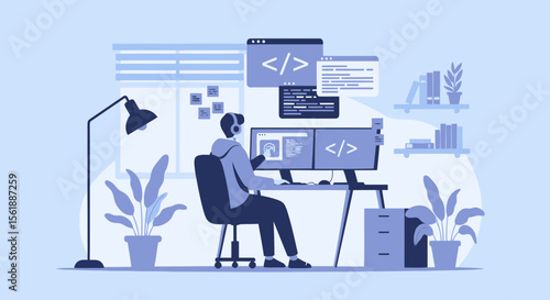 Developer Working Remotely From Home With Dual Monitors And Coding Environment