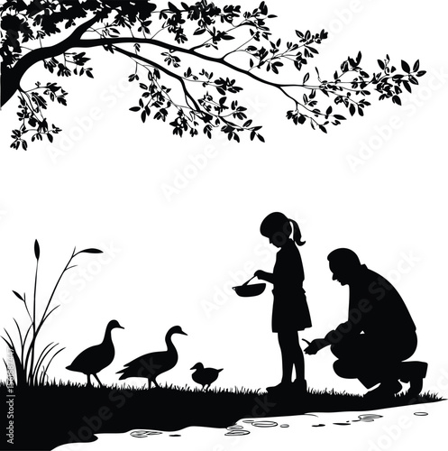 Family feeding ducks under tree near lake – nature outing and bonding silhouette vector illustration