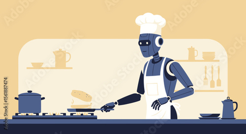 Robot Chef Preparing Meal In Kitchen Of The Future With Automated System