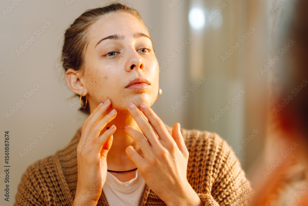 Portrait of a young woman touching her skin with rashes while looking in the mirror. Beautiful woman with problem skin in a cozy room. Concept of cosmetology, natural beauty. Portrait of a young woman touching her skin with rashes while looking in the mirror. Beautiful woman with problem skin in a cozy room. Concept of cosmetology, natural beauty.