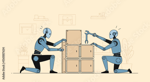 Robotic Assistance Robots Assembling Furniture In A Modern Interior Setting