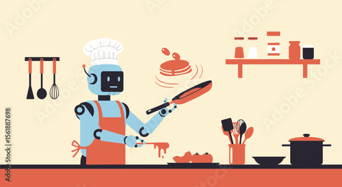 Robotic Chef Skillfully Preparing Pancakes In Modern Kitchen Setting Artwork