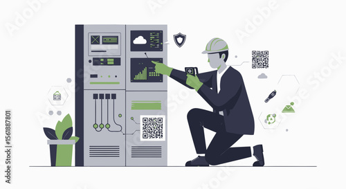 Engineer Inspecting Server Room Data Analyzing Interface Digital Technology